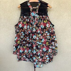 HeartSoul‎ Plus Floral Babydoll Blouse Artsy Sleeveless Lace Crochet Trim 3X